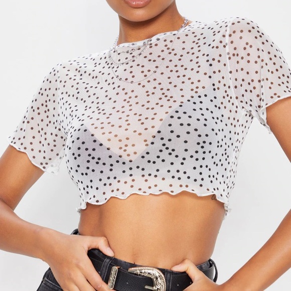 PLT White Polkadot Hem Mesh Crop Top - Picture 6 of 6